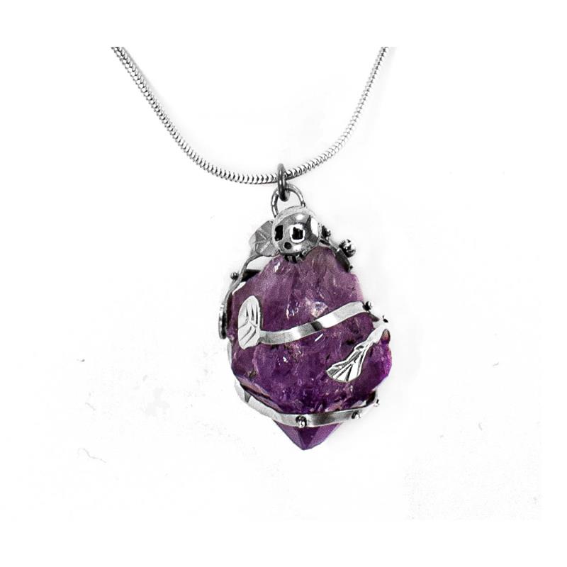 Poison Ivy - Sterling Silver and Amethyst Shard Pendant with Silver Skull